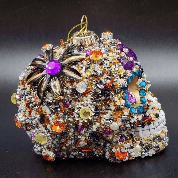 Sugar Skull Ornament Pier 1 Rhinestone Beaded Sequins Retired Halloween Gold v2 - Picture 6 of 10